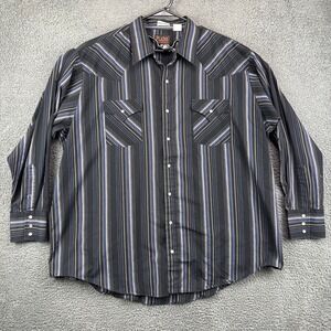 Plains Western Wear Mens 2X Big Man Pearl Snap Shirt Striped Black Blue E3100B